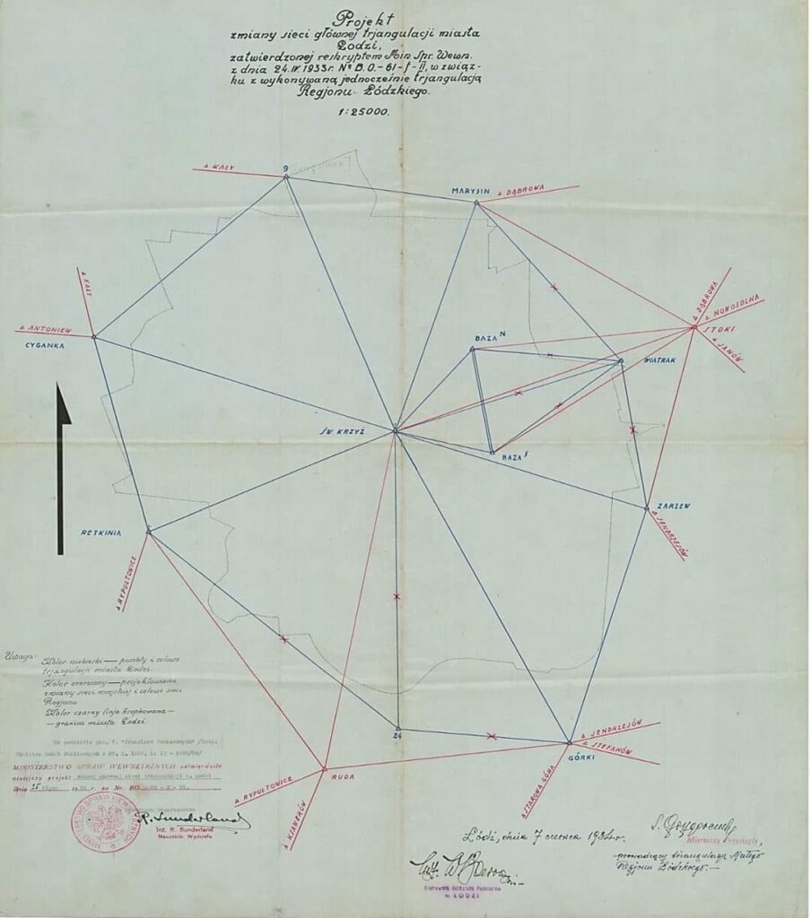 Szkic sieci triangulacyjnej miasta Łódź 1948r.